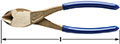 Image of a pair of diagonal cutting pliers with blue handles, positioned horizontally. The bronze metal head is marked with "AMPCO P-36. A double-headed arrow beneath indicates length.